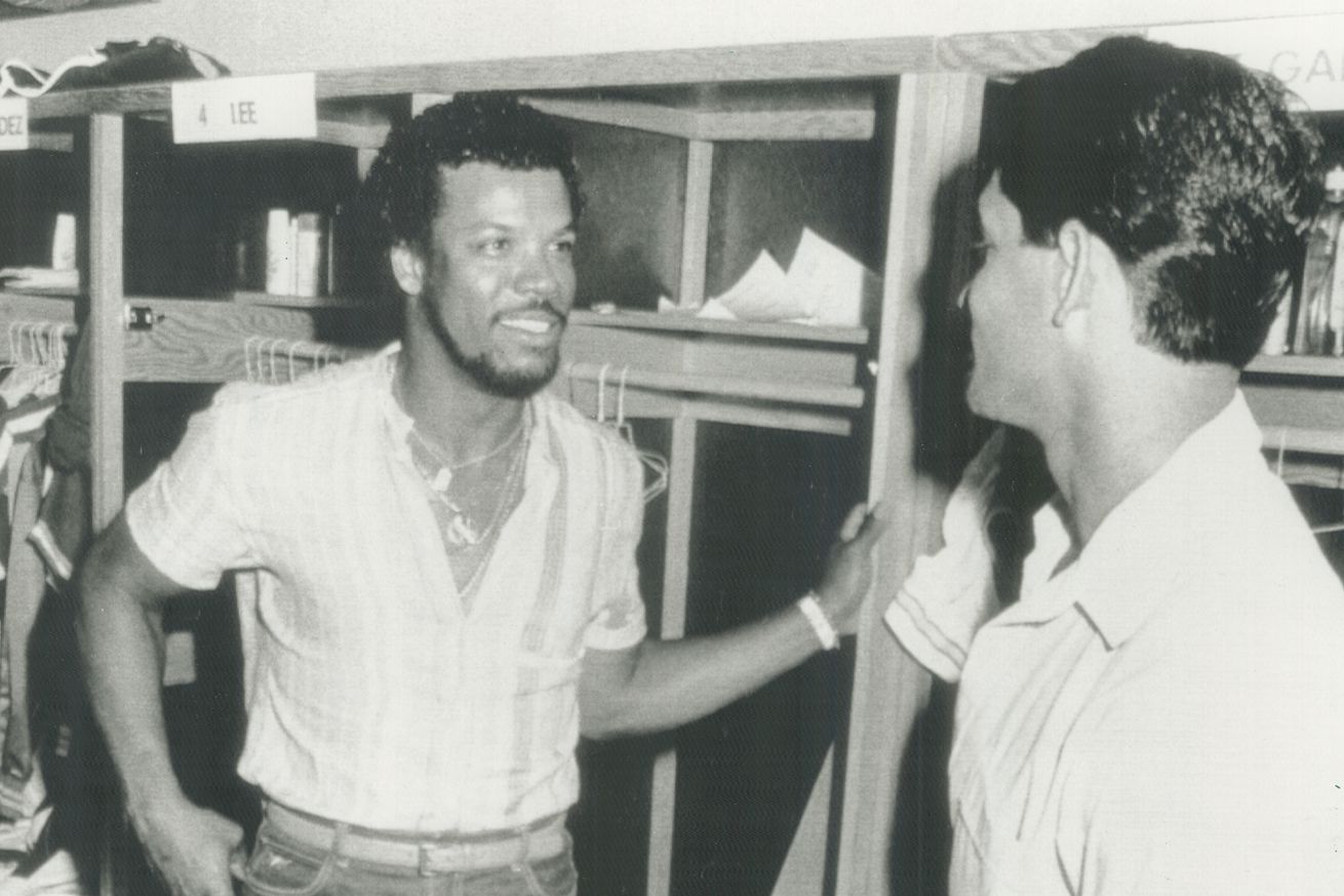 Newest Blue Jay: Cesar Cedeno; still making do with a St. Louis Cardinals flight bag; arrives in the